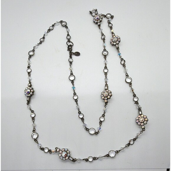 Sorrelli Jewelry - Signed Sorrelli Antiqued Brass Flower Station Necklace Clear & AB Crystals